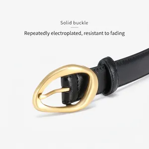 Chic black leather belt with matte gold solid alloy irregular oval buckle for women