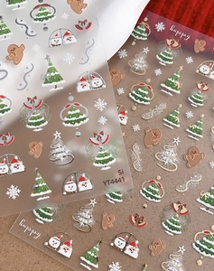 Macro view of 5D embossed Christmas nail stickers with gingerbread and snowflake patterns