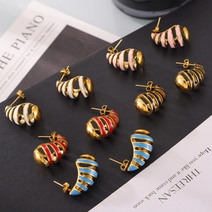 Minimalist geometric water drop titanium earrings with colorful enamel spiral stripes