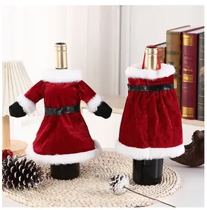 Christmas wine bottle covers featuring red velvet dress and suit designs for table decor