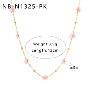 Handmade beaded flower necklace with pink petals and gold chain for women 42cm
