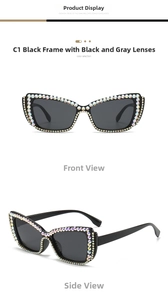 Detail of black cat-eye sunglasses featuring luxury rhinestone-encrusted frame design