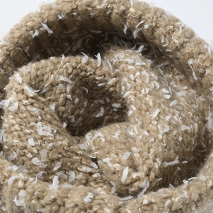 Thick warm khaki knit beanie with white feather textures for winter outdoor fashion