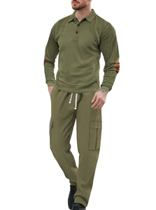 Detailed close-up of army green corduroy polo shirt and cargo pants texture for men