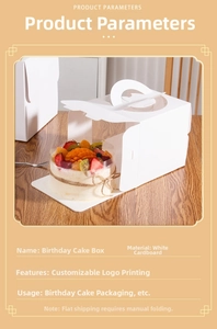 Detail view of white paper birthday cake box with transparent window and handle on wood table