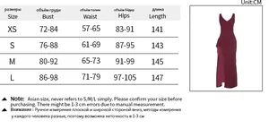 Size chart for V-neck slit evening dress showing bust, waist, and hips measurements