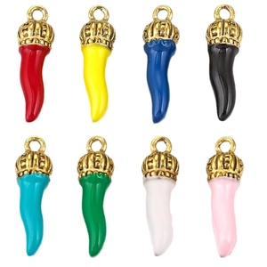 Set of 8 colorful stainless steel chili pendants with golden crowns for DIY jewelry