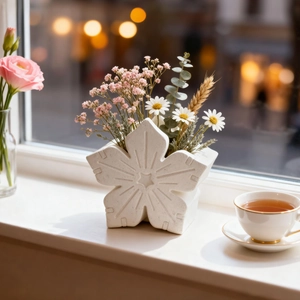 Star-shaped matte white ceramic vase featuring dry flower arrangement in a warm bokeh setting
