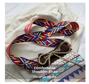 Detail of colorful geometric embroidery on a wide shoulder strap and drawstring closure