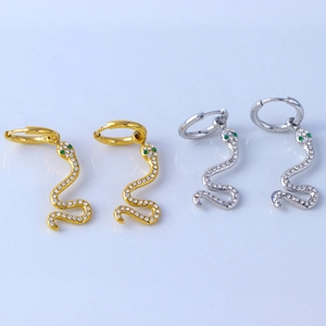 18K gold plated snake hoop earrings with zircon pavé and green stone eyes for women