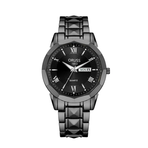 Macro detail of men's black quartz watch dial with Roman numerals and day-date window
