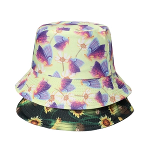 Women's summer bucket hats featuring yellow butterfly and black sunflower patterns