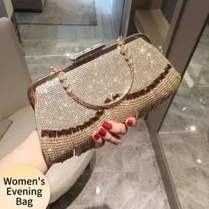 Luxury Rhinestone Satin Evening Clutch Bag With Tassel Elegant Wave Pattern Hard Shell Handbag For Wedding Party Banquet