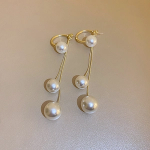 Gold Tone Copper Faux Artificial Pearl Long Tassel Earrings With 925 Sterling Silver Earring Post Elegant Vintage Jewelry For Women