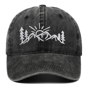 Vintage washed charcoal grey baseball cap featuring embroidered mountain and tree scenery
