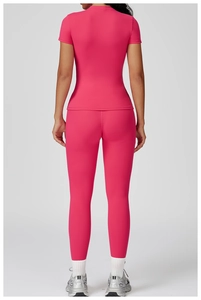 Rear view of rose pink slim fit yoga set showing premium brushed fabric texture
