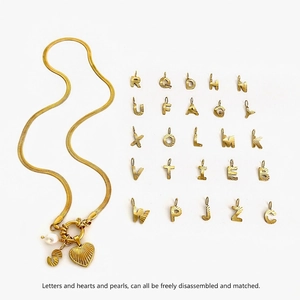 DIY gold heart and pearl necklace with 26 letters on stainless steel snake chain