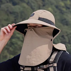 Outdoor khaki sun hat with wide brim, removable face mask and neck flap for hiking
