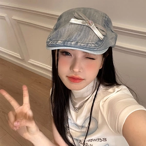 Women Denim Ivy Cap Washed Cotton Beret With Silver Bow And Pink Rhinestone Y2K Vintage Newsboy Hat