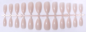 Detail of 24-piece nude pink almond-shaped press-on nails on a plastic sheet