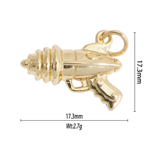 Golden retro ray gun pendant showing detailed dimensions 17.3mm and 2.7g weight
