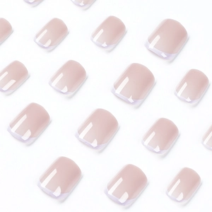 Short square purple French tip press-on nails with natural pink base in multipack set