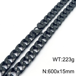 Detail shot of 15mm black stainless steel Cuban link chain necklace with clasp structure