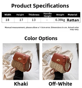 Detailed view of handmade straw crossbody bag with brown leather flap and golden lock