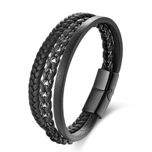 Mehrlagiges schwarzes geflochtenes Lederarmband für Herren mit Magnetverschluss aus Metall