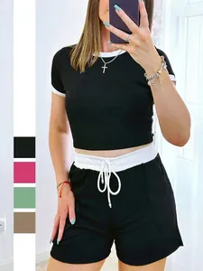 Women Ribbed Knit Short Sleeve Crop Top And Drawstring Shorts Contrast Trim Solid Color Casual Loungewear Viscose