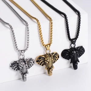 Three-color 304 stainless steel elephant pendant necklaces in silver, gold, and black