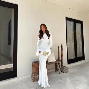 Women White Flared Bell Sleeve Maxi Dress Backless Lace Up Textured Jacquard Slim Fit Mermaid Tail Elegant Vacation