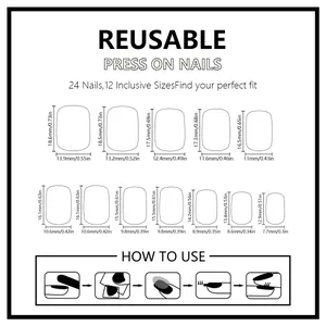Size chart for 24pcs glitter peach press-on nails with 12 sizes and usage instructions