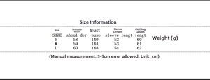 Size information chart for casual jacket featuring bust and length measurements in centimeters