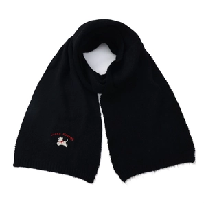 Close-up of black knitted scarf with Lucky dog embroidery for winter warmth