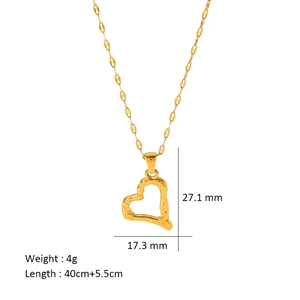 Detailed view of the 18K gold hollow heart pendant with exact size and chain length specs