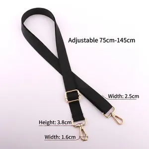 Adjustable black nylon shoulder strap with gold metal hooks, length 75cm to 145cm