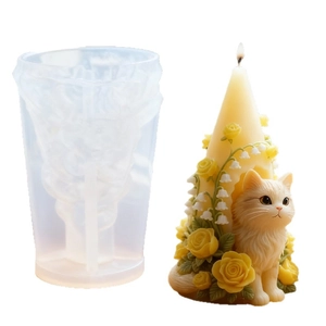 Molde de silicona para vela de gato y flores 3D con patrones de rosas detallados