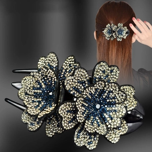Pince à cheveux élégante style coréen fleurs strass dorées et bleues pour chignon femme
