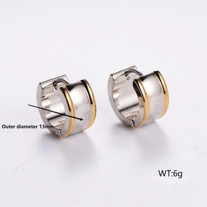 Polished two-tone stainless steel round hoop earrings with brushed finish and 13mm diameter