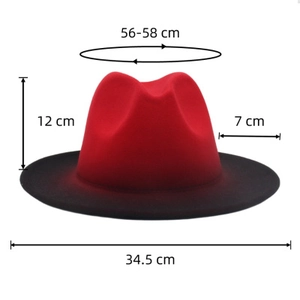 Detailed size specifications for the red and black gradient wide-brim fedora hat