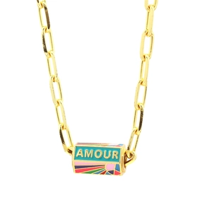 Gold paperclip chain necklace featuring a blue enamel Amour evil eye pendant