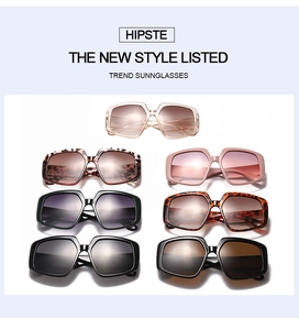 Detailed grid showing square oversized sunglasses in seven diverse colors and patterns
