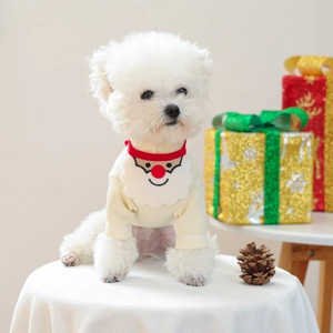 Close-up of festive Christmas knit sweater with Santa beard for small white dogs