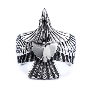 Vintage stainless steel eagle ring featuring detailed wings and a polished silver-black finish