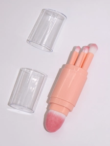Macro detail of 5-in-1 telescopic makeup brush set with pink gradient synthetic bristles