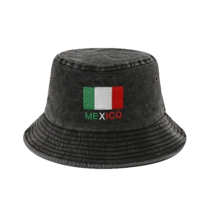 Washed black denim bucket hat with Mexico flag and colorful embroidery for men and women