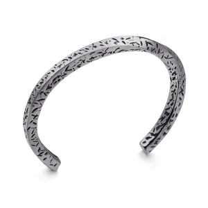 Men Vintage Stainless Steel Cuff Bracelet Open C-Shape Engraved Pattern Bangle Retro Industrial Style Jewelry
