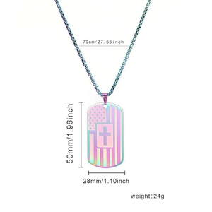 Rainbow dog tag necklace with American flag cross design and size measurements