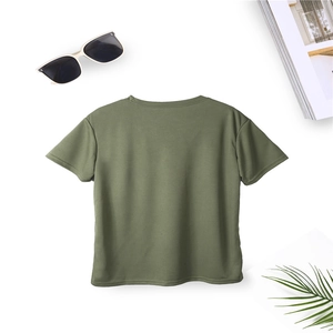 Rear view of an army green knit cotton T-shirt laid flat on a clean white background